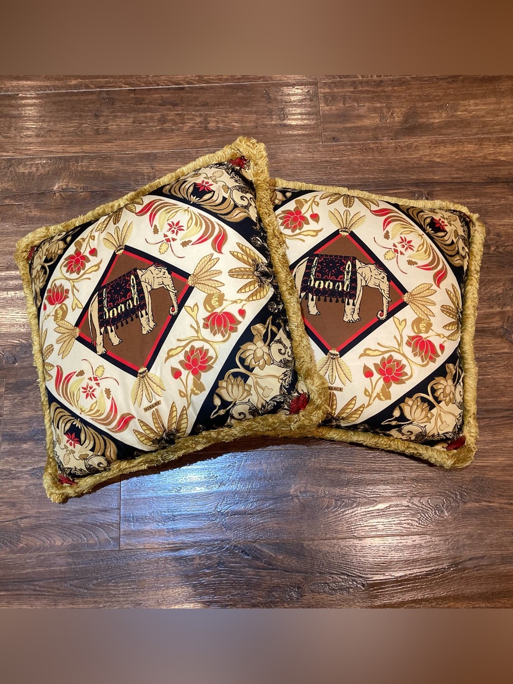 Versace Cream, Gold, Black & Red Elephant Motif Decorative Pillow Pair